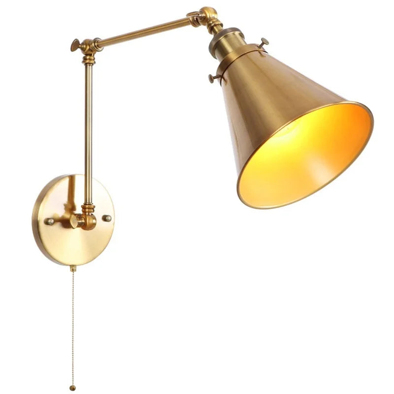 Afralia™ Vintage Iron Gold LED Wall Lamp with Long Arm and Pull Chain Switch