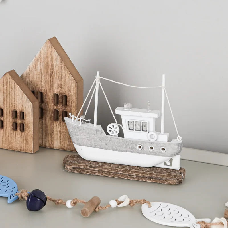 Afralia™ Coastal Wooden Lighthouse & Ship Model for Mediterranean Home Decor
