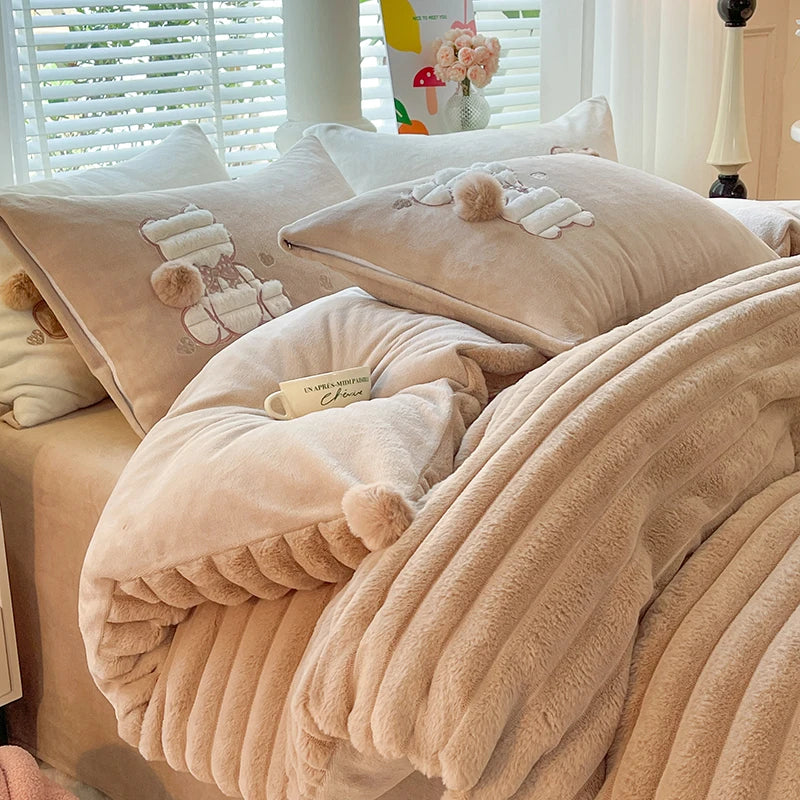 Afralia™ Rabbit Velvet Bedding Set: Single Queen King Size Plush Duvet Cover, Bed Sheet, Pillowcases