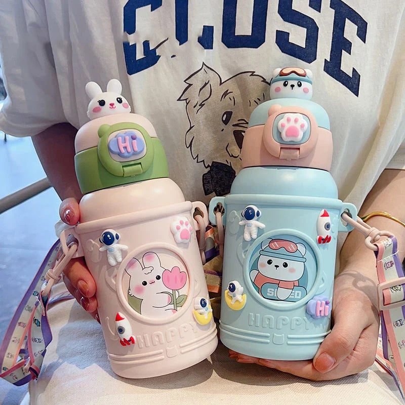 Afralia™ Cute Animals Thermos Bottle with Silicone Straw, Leak-Proof Vacuum Flask