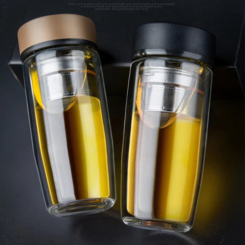 Afralia™ Double-deck Glass Cups with Lid, Thermal Insulation, Anti-scald, Portable