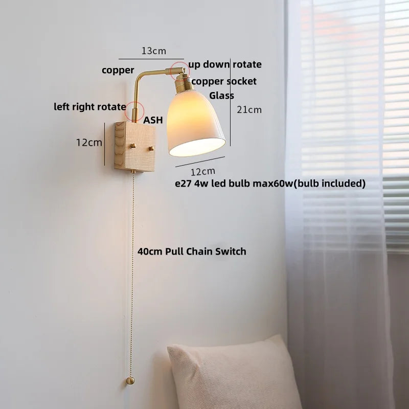 Afralia™ Walnut Wood Rotatable LED Wall Sconce White Glass Bedside Lamp
