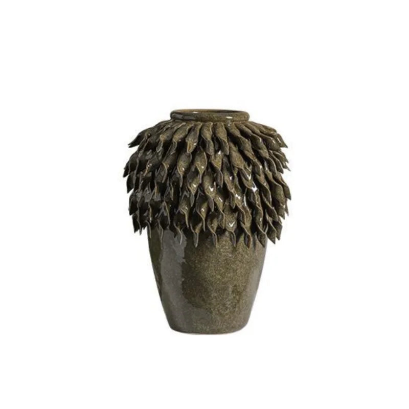 Afralia™ Leaf Relief Ceramic Vase: Hand-made 3D Floral Arrangement Pot