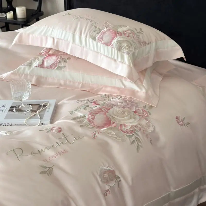 Afralia™ 4-Pc Flowers Embroidery Bedding Set 1000TC Egyptian Cotton Duvet Cover Sheets