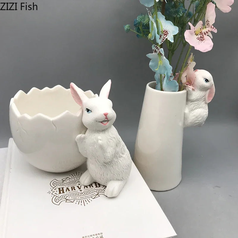 Afralia™ Lovely Rabbit Ceramic Vase Pot for Floral Arrangement, Table Decor & Aesthetic Room Appeal