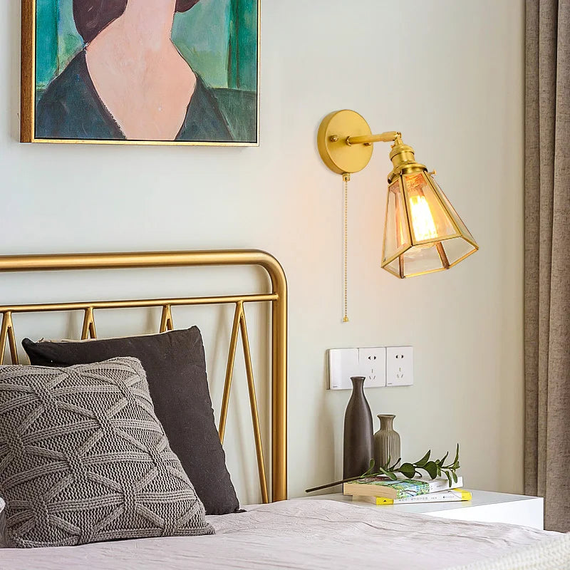 Afralia™ Hexagonal Glass LED Wall Lamp Vintage Copper Pull Chain Switch for Living Room