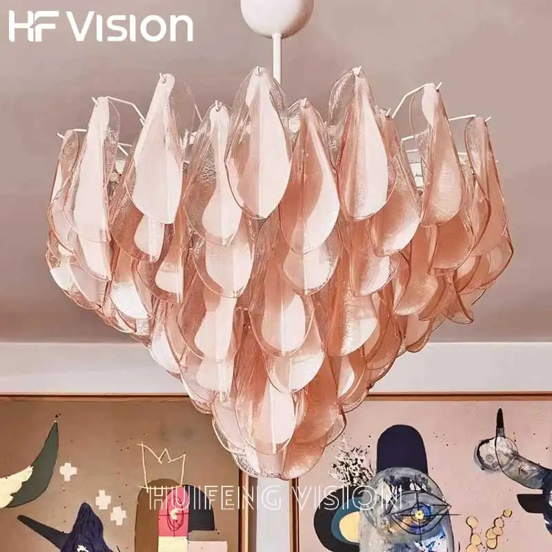 Afralia™ Pink Green Petal Glass Chandelier Ceiling Mount - Luxury Pendant Light Fixture