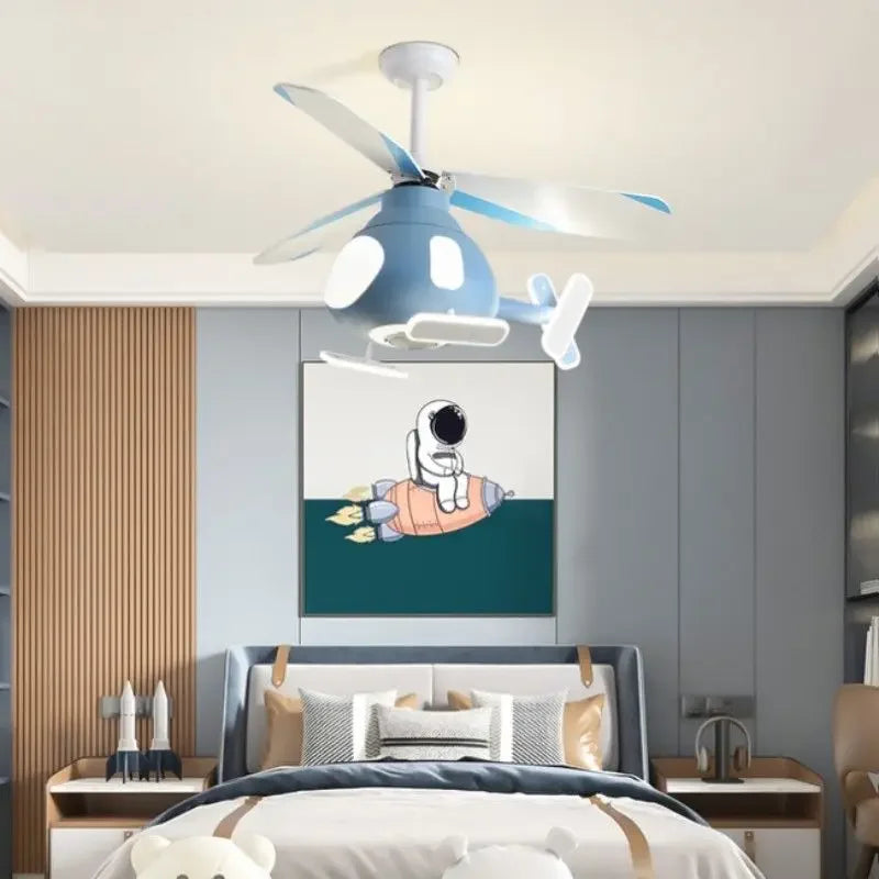 Afralia™ Kids' Helicopter Ceiling Fan with LED Light Chandelier - Modern Aircraft Design