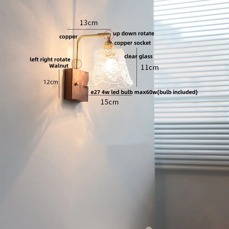 Afralia™ Walnut Glass LED Wall Light: Modern Brass Rotatable Bedside Lamp