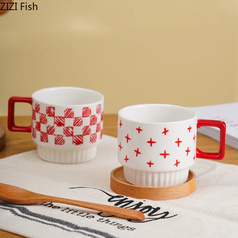 Afralia™ Porcelain Stacking Cup Set - Creative Painted Pattern Tea & Coffee Mug