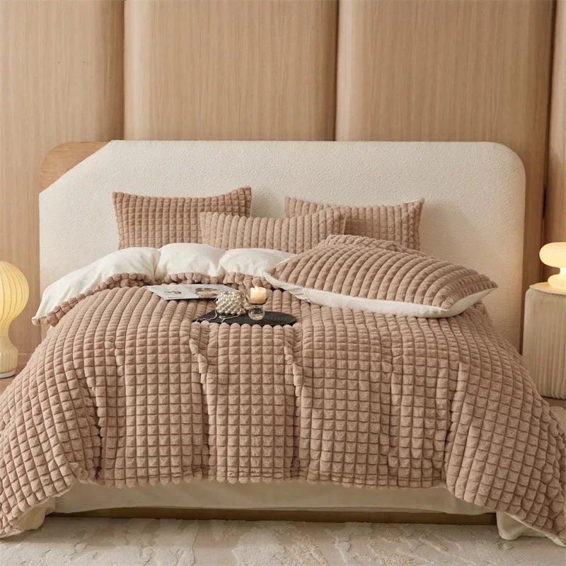 Afralia™ Faux Fur Bedding Set: Double Queen King Size Duvet Cover Sheet Pillowcase