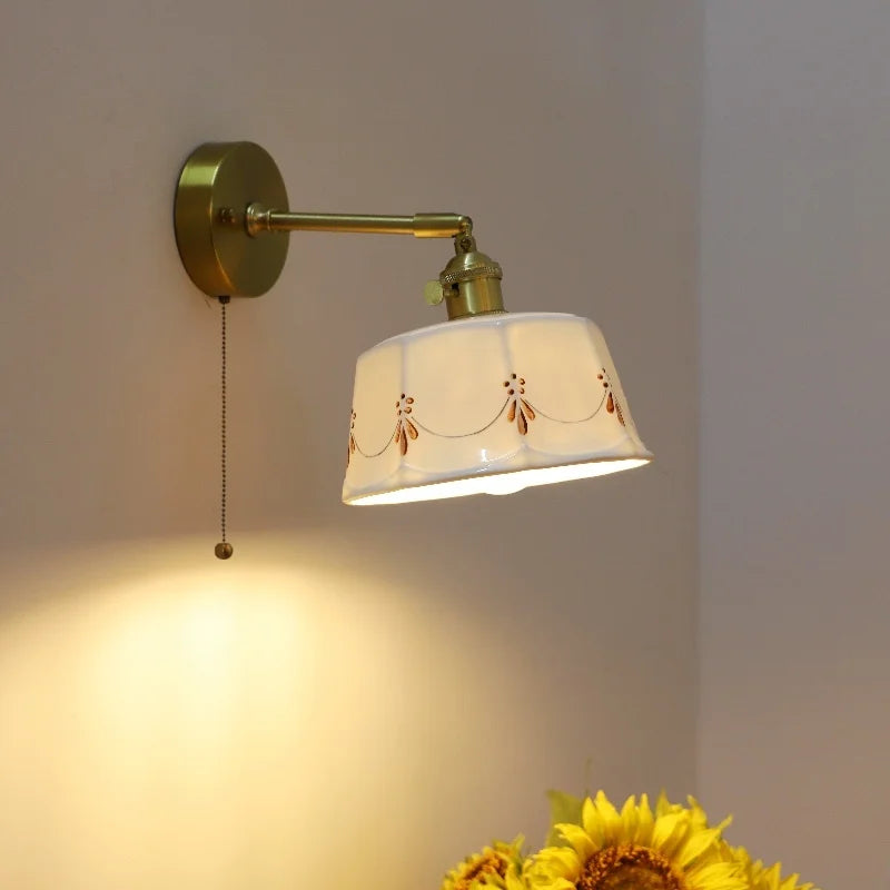 Afralia™ Ceramic Hand-painted LED Wall Light, Pull Chain Switch, Modern Bedside Lamp