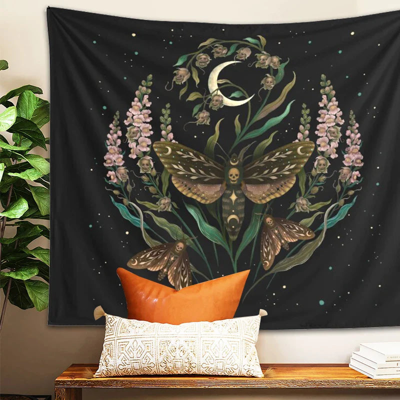 Afralia™ Death's Head Tapestry Wall Hanging Moon Flower Trippy Carpet Dorm Room Decor