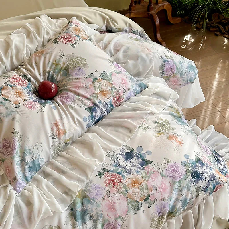 Afralia™ French Flowers Lace Ruffles Princess Bedding Set with 1000TC Egyptian Cotton