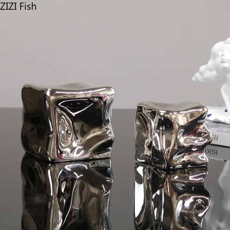 Afralia™ Silver Plated Geometric Cube Sculpture Room Decor