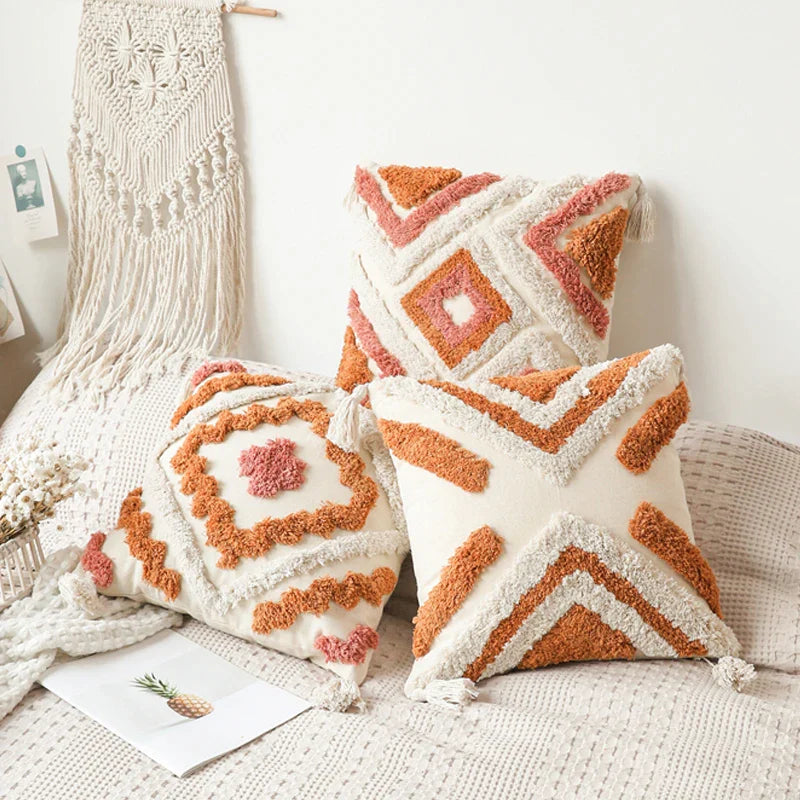 Afralia™ Tufted Orange Ivory Tassel Boho Cushion Cover 45x45cm Home Decor Sofa Bedroom