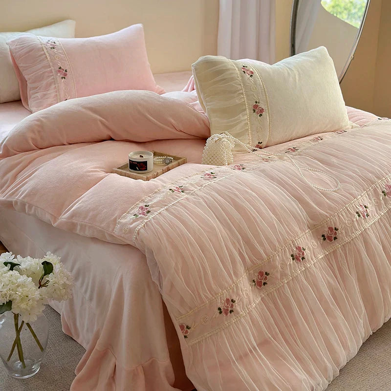 Afralia™ Pink Velvet Fleece Bedding Set with Flowers Embroidery & Lace Pleat