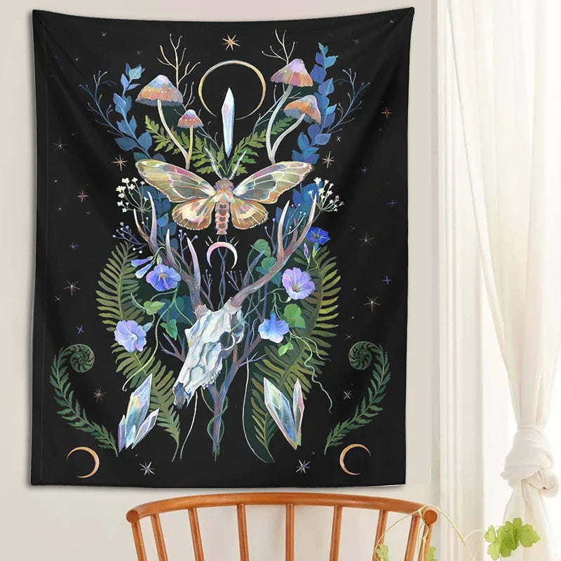 Afralia™ Deer Skull Mushroom Moon Wall Hanging Psychedelic Tapestry Witchcraft Decor