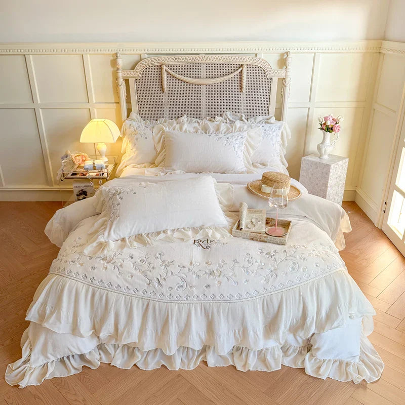 Afralia™ Pink Lace Ruffles Bedding Set, Velvet Duvet Cover, Soft Sheets & Pillowcases