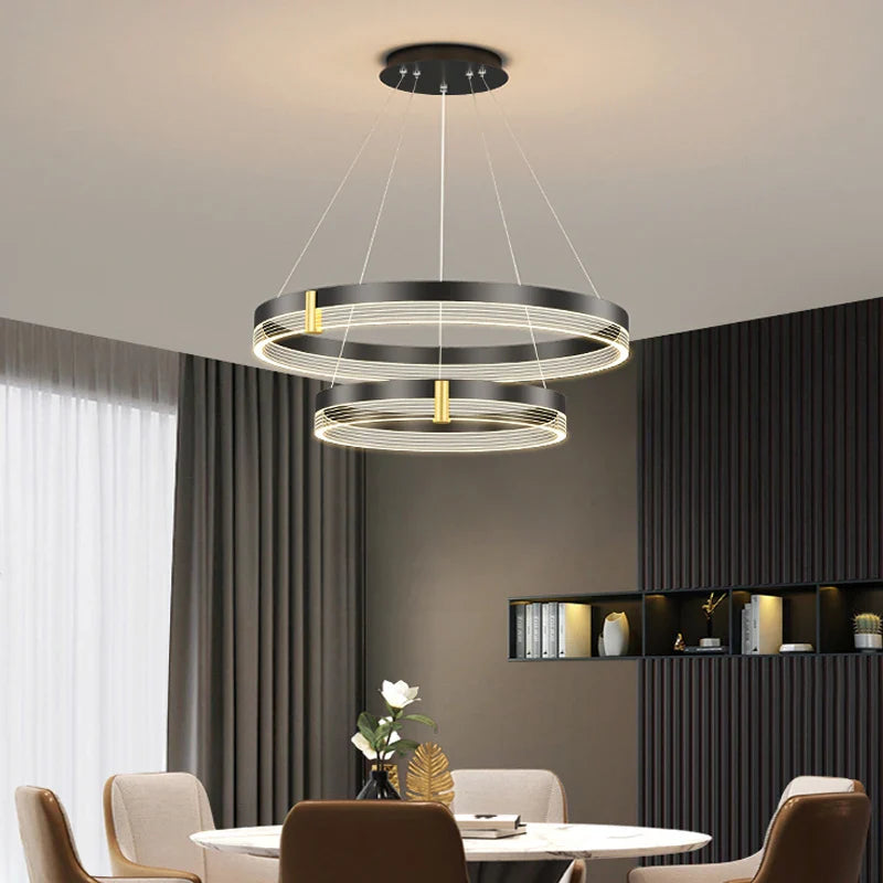 Afralia™ Modern Black Round Chandelier Rings LED Ceiling Light for Home Decoration