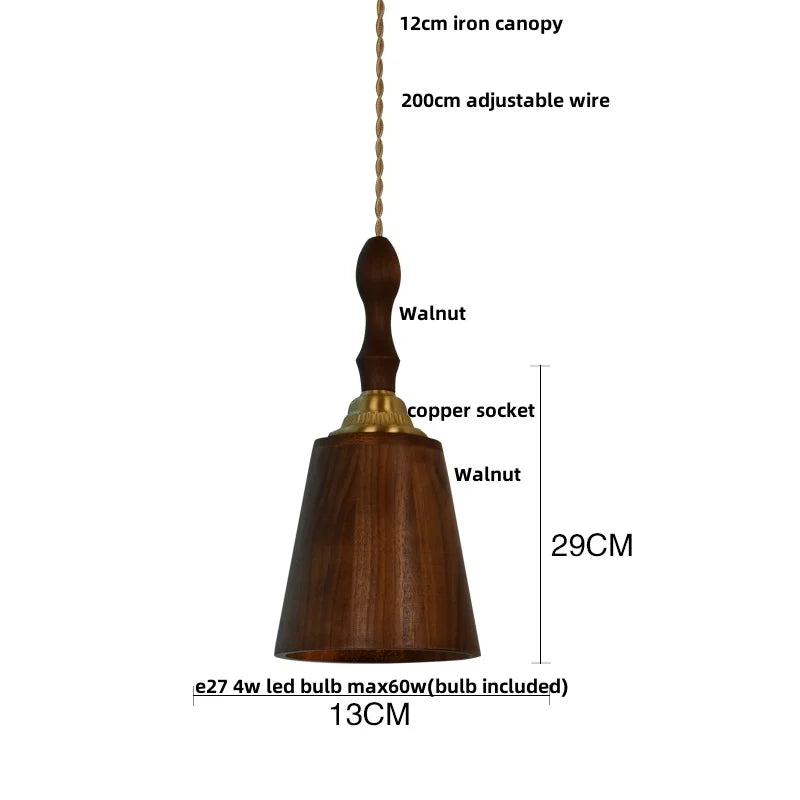 Afralia™ Copper Socket Walnut Wood LED Pendant Light Fixture for Dining Room