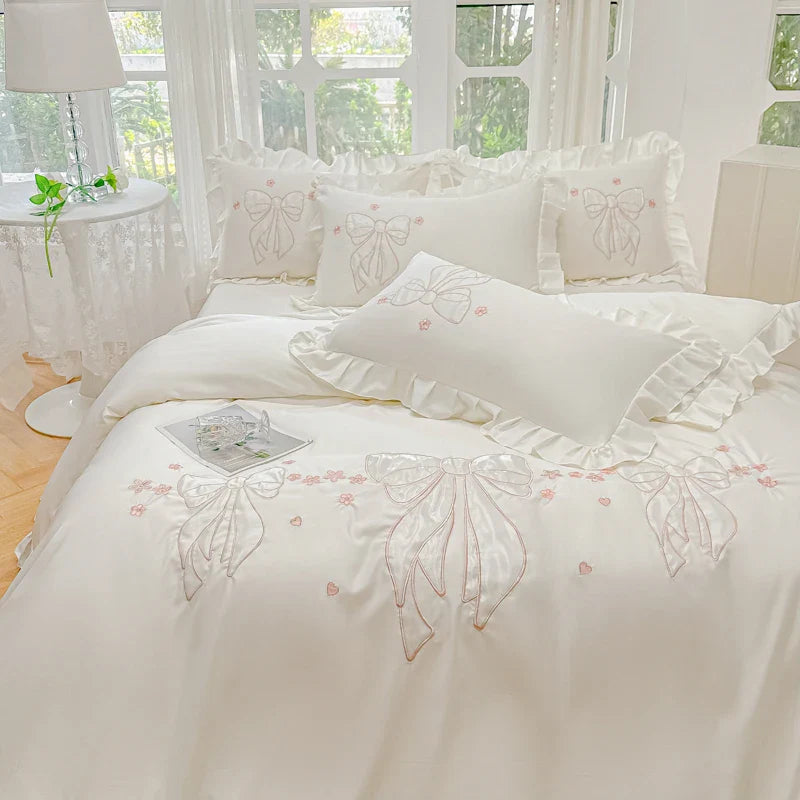 Afralia™ Ice Silk Embroidered Ruffles Duvet Set with Cool & Skin-Friendly Feel