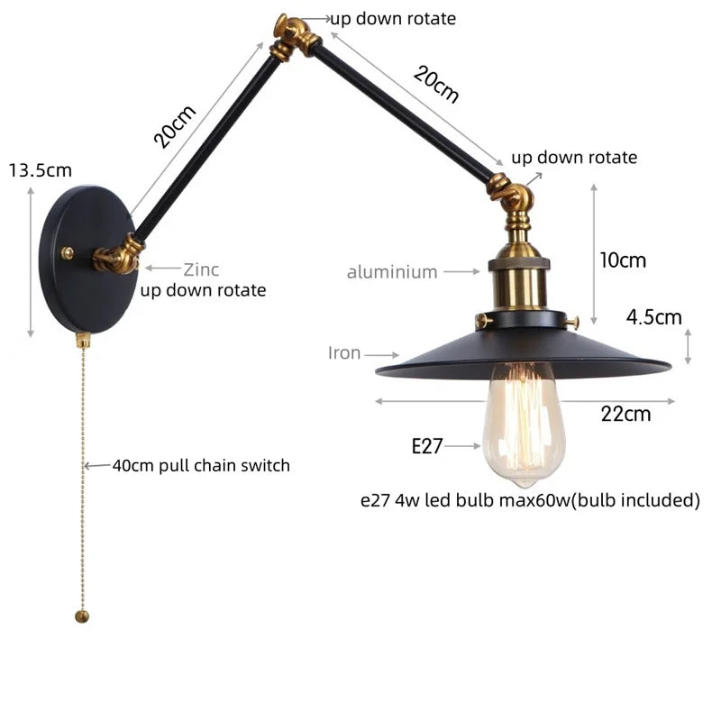 Afralia™ Rustic Vintage LED Wall Lamp with Pull Chain Switch for Stair, Restaurant, Bedroom