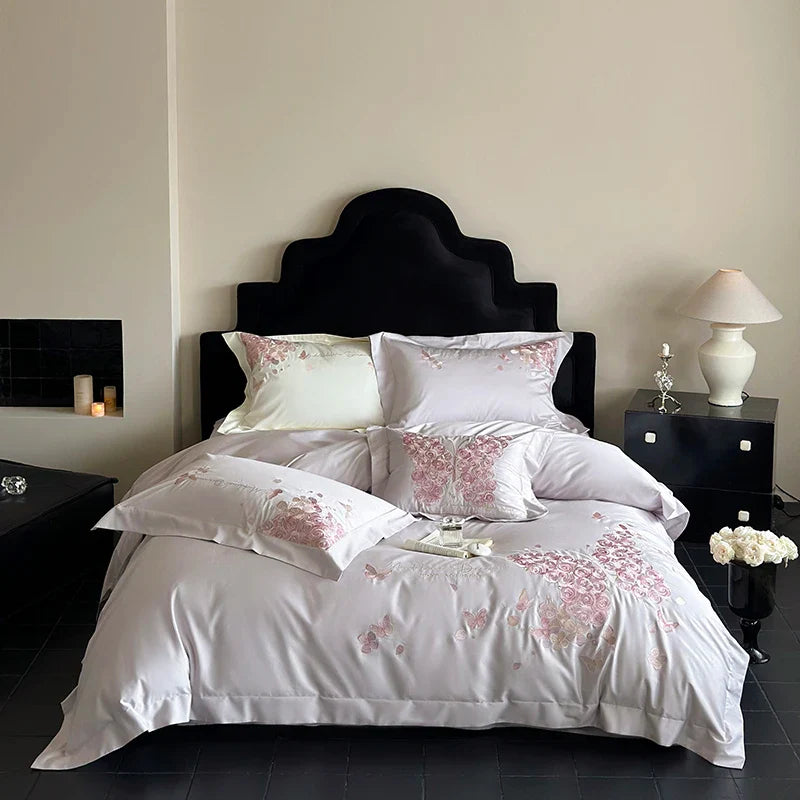 Afralia™ Rose Butterfly Embroidery 1000TC Egyptian Cotton Bedding Set in Cream White