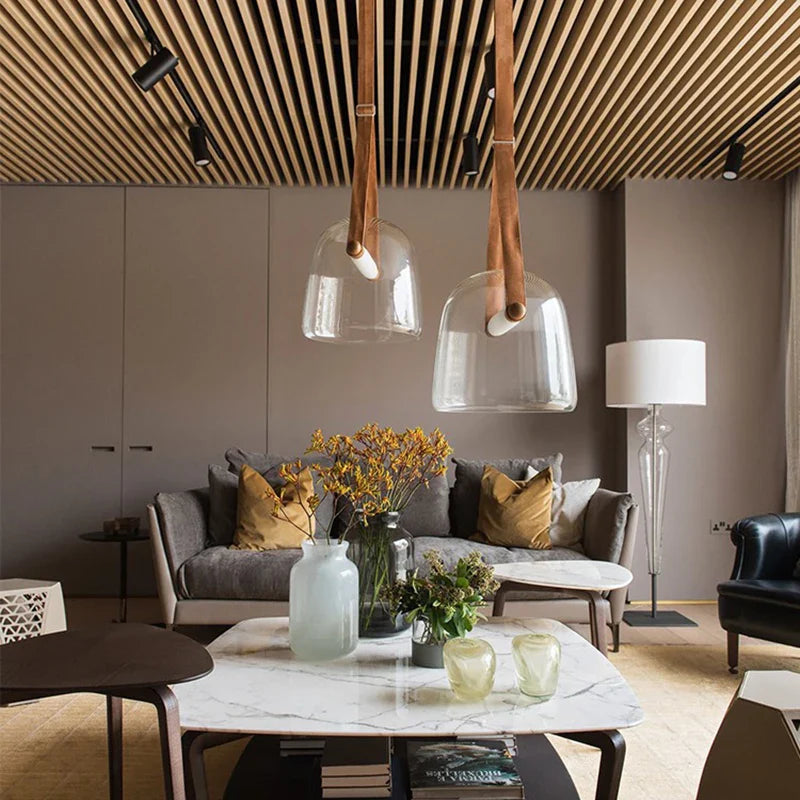 Afralia™ Glass Pendant Chandelier: Modern Leather Belt Luxury LED Lighting for Home Decor