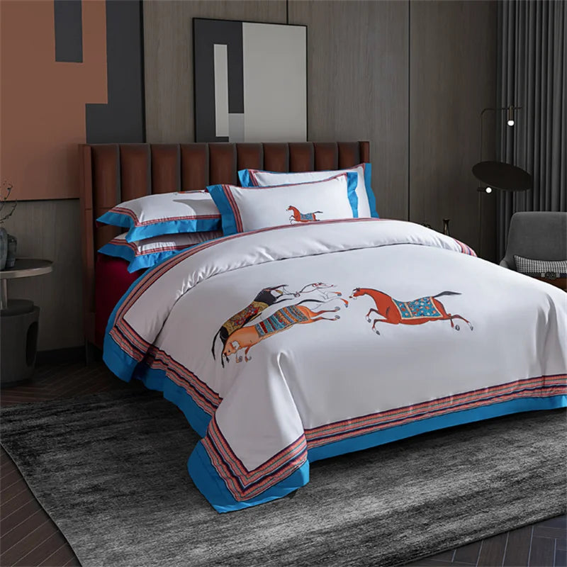 Afralia™ Galloping Horse 1000TC Egyptian Cotton Bedding Set: Duvet, Sheet, Pillowcases - Soft & Comfy