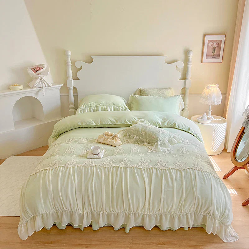 Afralia™ Pink Chiffon Lace Ruffles French Princess Bedding Set - 6-Piece Queen Size