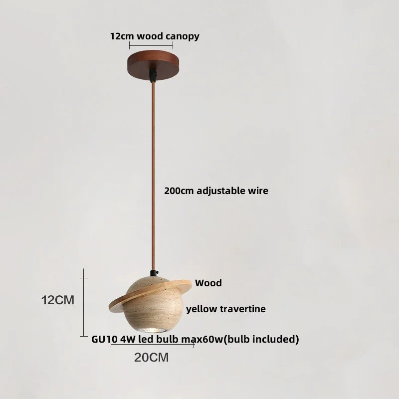 Afralia™ Round Wood LED Pendant Light | Yellow Travertine Stone | Wabi Sabi Home Decor