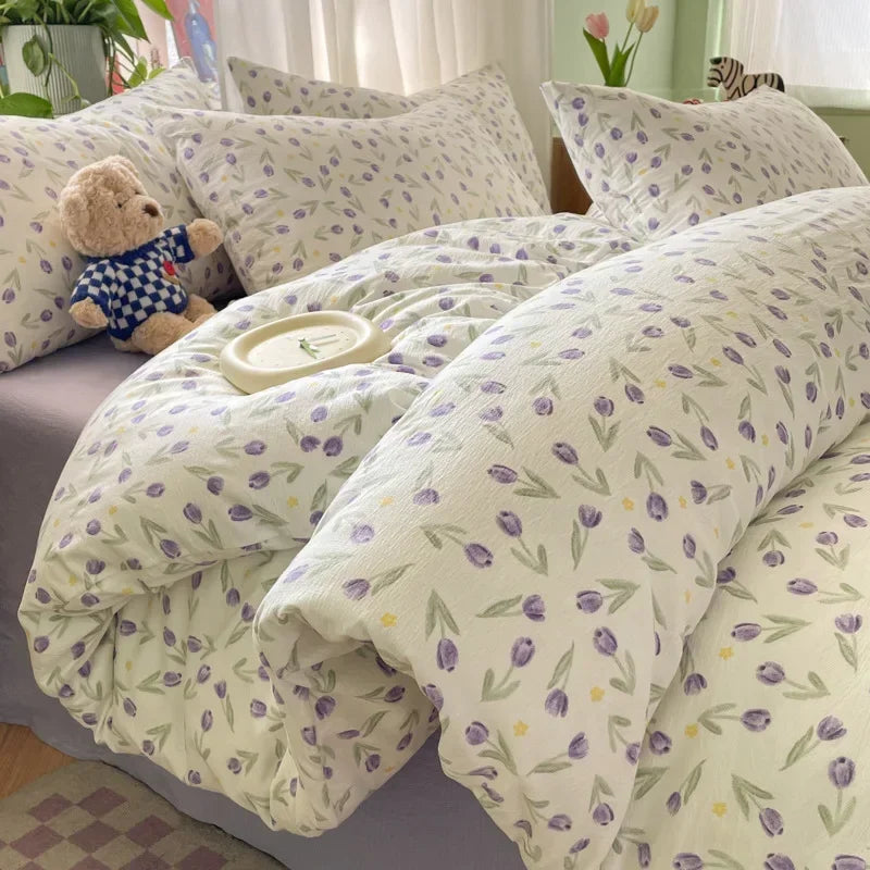 Afralia™ Small Floral Print Double-Layer Yarn Bedding Set - Super Soft Duvet Cover Kit