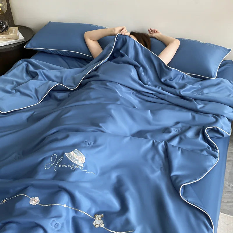 Afralia™ Ice Rayon Summer Quilt: Bear Floral Embroidery Cooling Thin Blanket - Antimicrobial Comforter