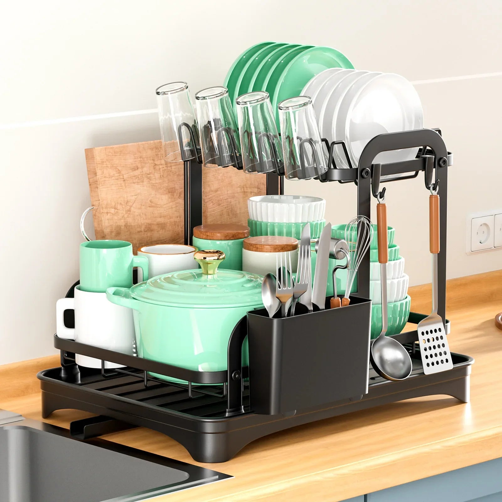 Afralia™ Double Layer Dish Drying Rack with Drainboard - Kitchen Countertop Organizer