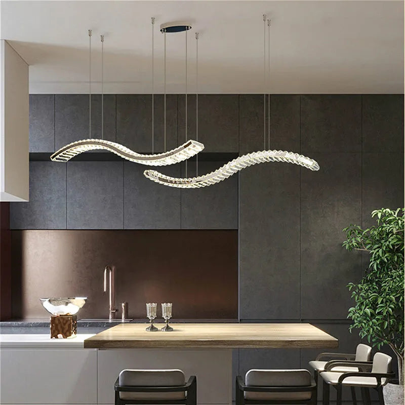 Afralia™ Modern Crystal Chandelier: Stainless Steel Long Strip Hanging Lamp for Kitchen and Dining