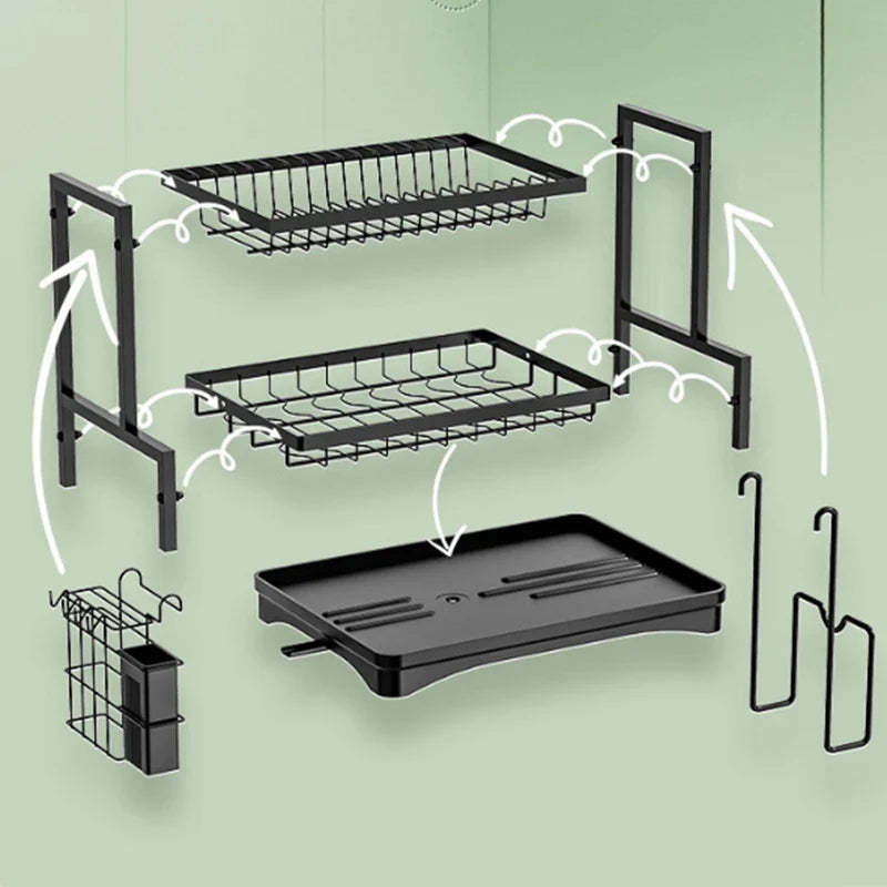 Afralia™ 2 Tier Kitchen Storage & Drying Rack - Countertop Organizer for Dinnerware & Utensils