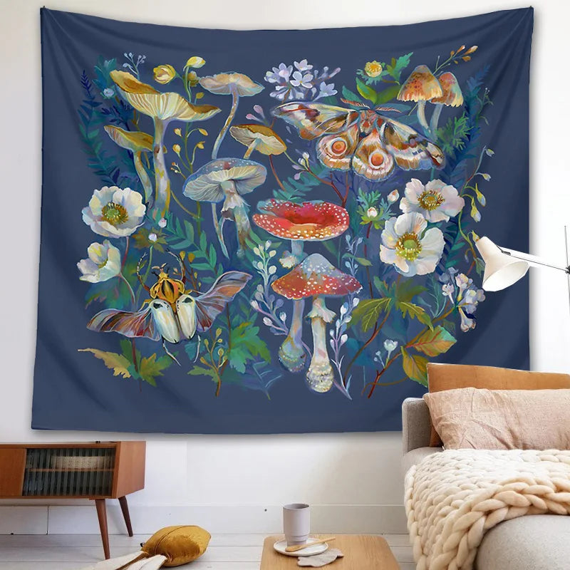 Afralia™ Mushroom Moth Garden Tapestry: Boho Psychedelic Wall Hanging for Botanical Bedroom Decor