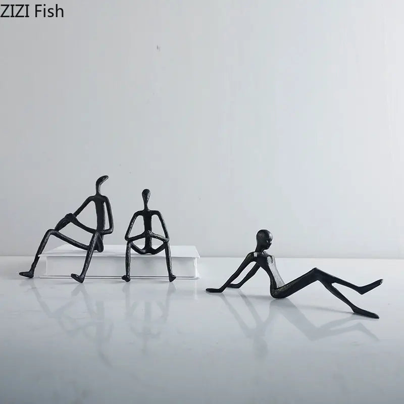 Afralia™ Seated Figures Cast Iron Sculpture for Room Decor - Abstract Metal Ornaments