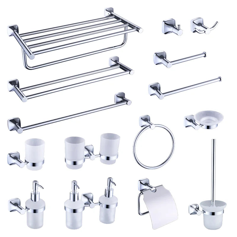 Afralia™ Chrome Bathroom Accessories Set: Towel Rack, Paper Holder, Brush Rack, Ring, Hook