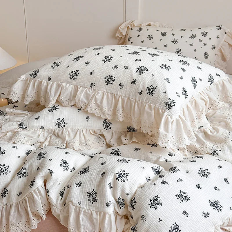 Afralia™ French Lace Floral Ruffles Bedding Set - 100% Cotton Wrinkled Yarn 4Pcs