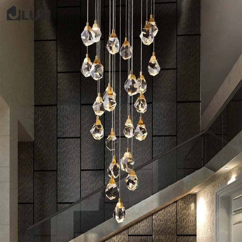 Afralia™ Diamond Crystal Chandelier Staircase LED Golden Chandeliers Lighting for Luxurious Home Décor