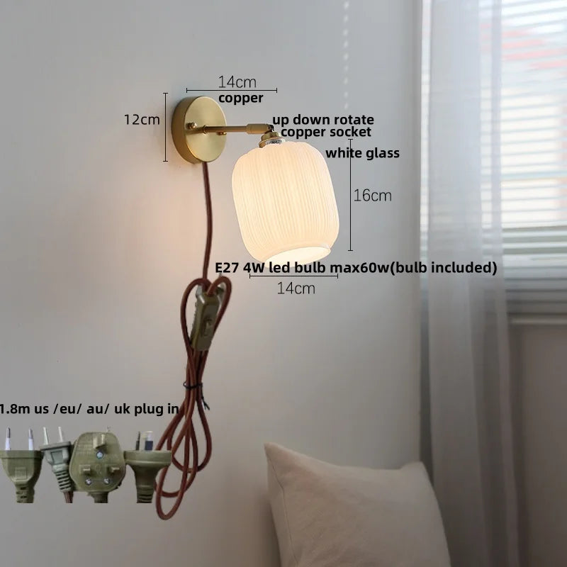 Afralia™ Rotatable Glass LED Wall Lamp with Copper Socket and Pull Chain Switch