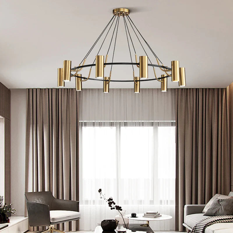 Afralia™ Gold LED Ring Chandelier | Modern Black Wire Adjustable Lighting Fixture