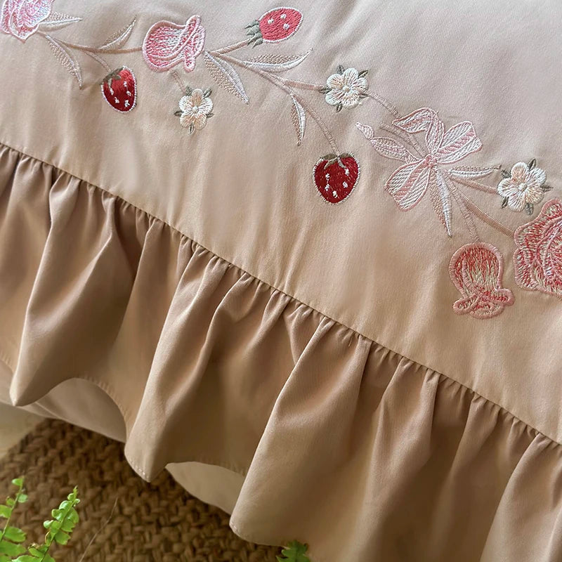 Afralia™ Korean Princess Style Embroidered Bedding Set with Pleated Ruffles in Egyptian Cotton
