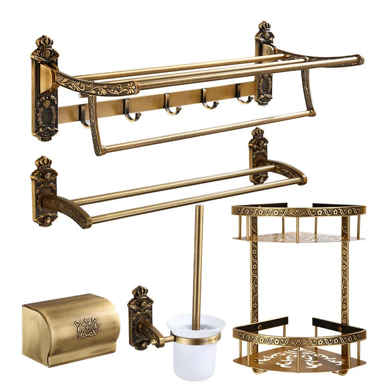 Afralia™ Bronze Carved Bath Accessories Set: Shelf, Towel Rack, Paper Holder, Toilet Brush Holder