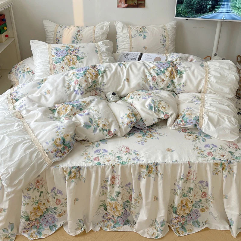 Afralia™ Korean Princess Flowers Bedding Set - Duvet Cover, Bed Skirt, Pillowcases