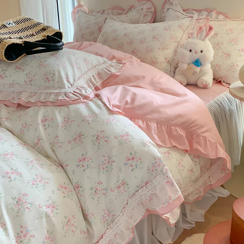 Afralia™ Lace Ruffles Cotton Floral Duvet Set with Pillowcase, Princess Bedding
