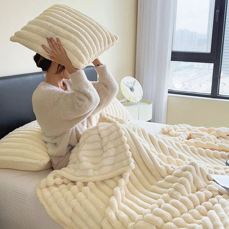 Afralia™ Faux Rabbit Plush Striped Blanket: Nordic Coral Velvet Carpet for Napping & Quilting.