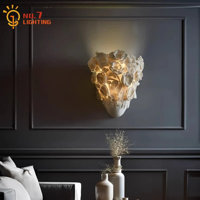 Afralia™ Romantic Carved Flower Wall Lamp LED Resin Wall Sconces for Living Room & Bedroom